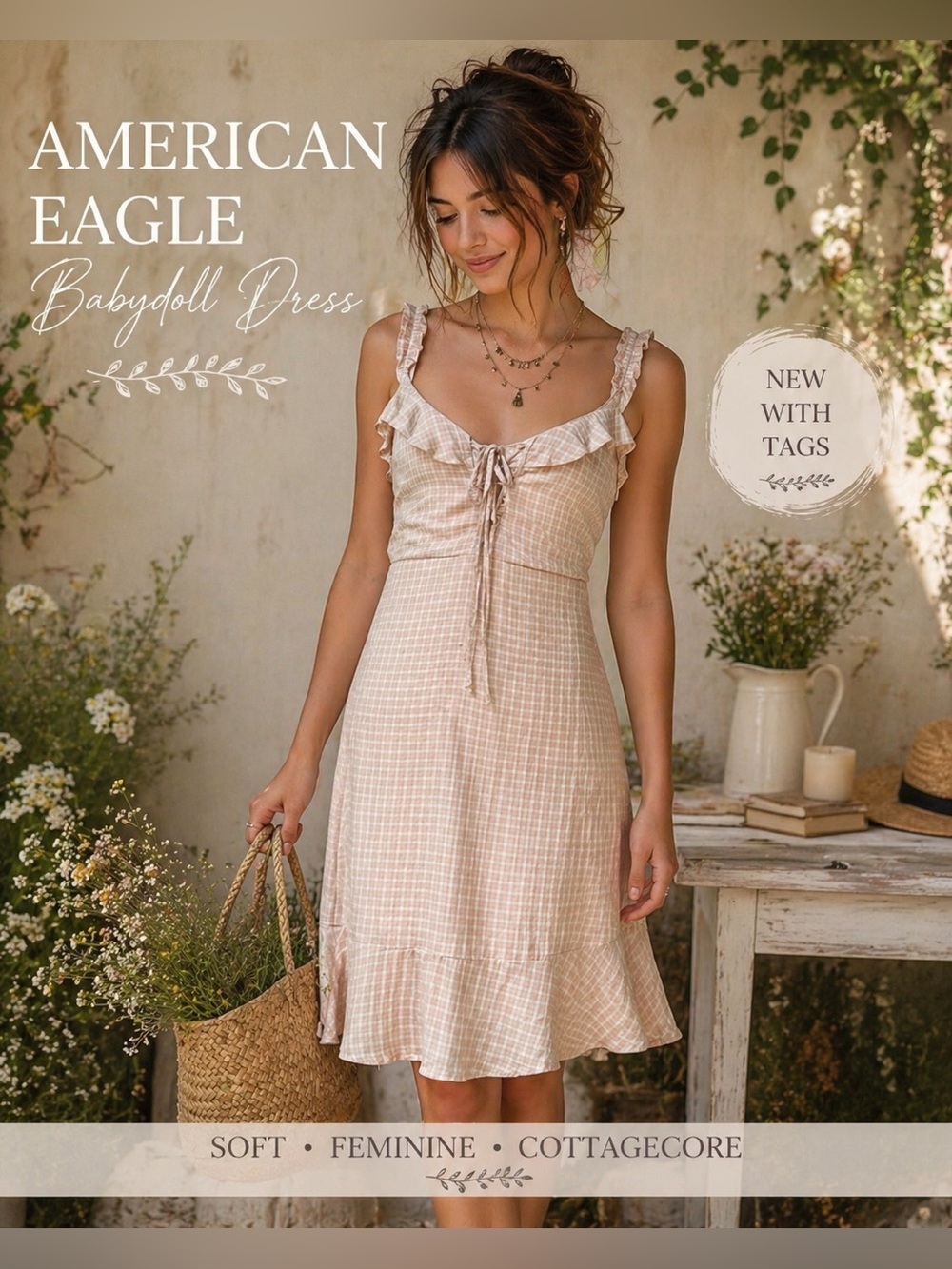 NWT American Eagle Babydoll Dress | Soft Neutral Cottagecore Chic XL